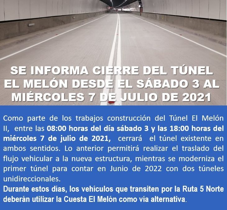 Anuncian cierre de Túnel El Melón desde este sábado por trabajos de construcción